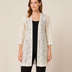 Chicos Travelers Ivory Iridescent Mesh Open Cardigan Jacket Size 2 (L/Xl)